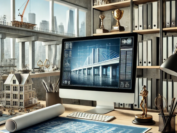 DALL·E 2024-07-12 13.16.33 – A professional scene of civil engineering consulting services. The image includes a modern office desk with blueprints, engineering tools, and a compu DALL·E 2024-07-12 13.16.33 - A professional scene of civil engineering consulting services. The image includes a modern office desk with blueprints, engineering tools, and a compu